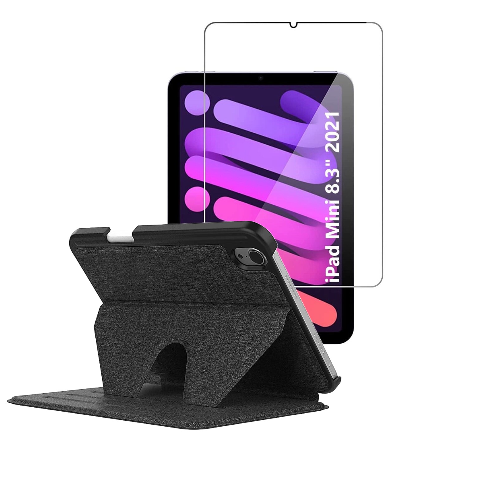 SaharaCase Apple iPad mini A17 Pro & 6th Generation 2021 Protection Bundle, Multi-Angle Case with Tempered Glass Screen, Black