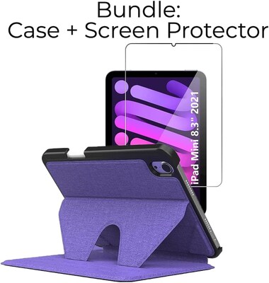 SaharaCase Apple iPad mini A17 Pro & 6th Generation 2021 Protection Bundle, Multi-Angle Case with Tempered Glass Screen, Purple
