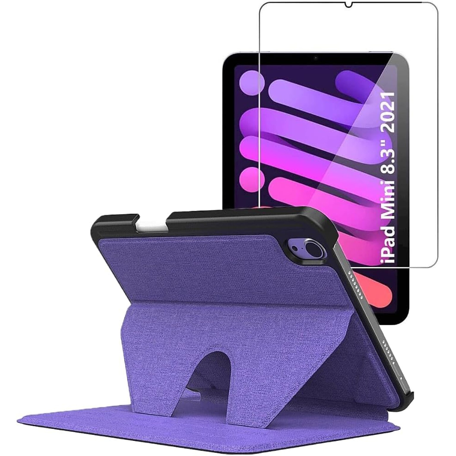 SaharaCase Apple iPad mini A17 Pro & 6th Generation 2021 Protection Bundle, Multi-Angle Case with Tempered Glass Screen, Purple