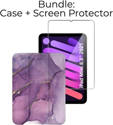 SaharaCase Apple iPad mini A17 Pro & 6th Generation 2021 Protection Bundle, Folio Case with Tempered Glass Screen, Purple Marble