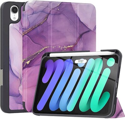 SaharaCase Apple iPad mini A17 Pro & 6th Generation 2021 Protection Bundle, Folio Case with Tempered Glass Screen, Purple Marble