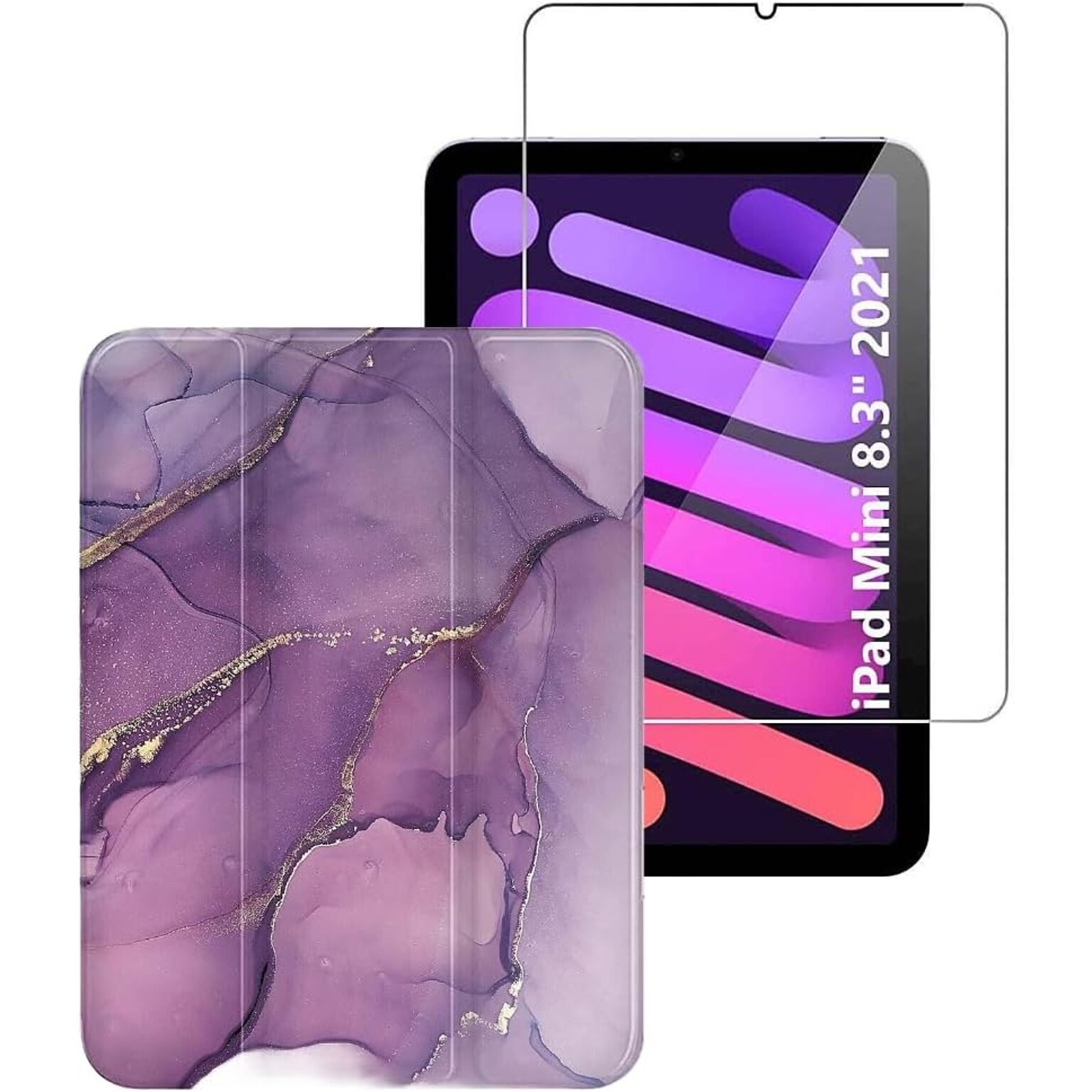 SaharaCase Apple iPad mini A17 Pro & 6th Generation 2021 Protection Bundle, Folio Case with Tempered Glass Screen, Purple Marble