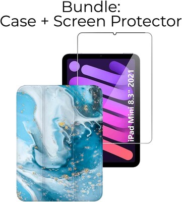 SaharaCase Apple iPad mini A17 Pro & 6th Generation 2021 Protection Bundle, Folio Case with Tempered Glass Screen, Blue Marble