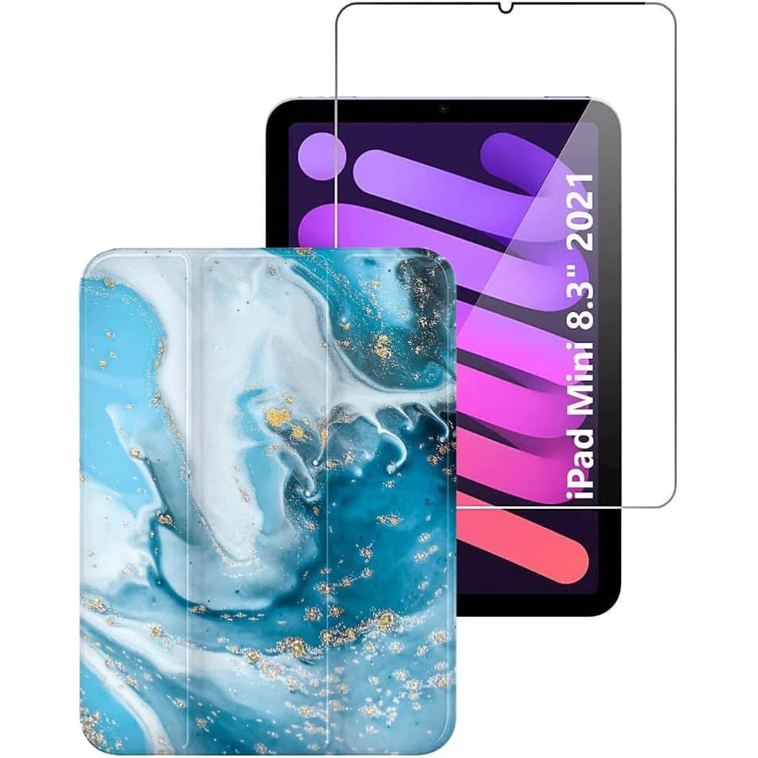 SaharaCase Apple iPad mini A17 Pro & 6th Generation 2021 Protection Bundle, Folio Case with Tempered Glass Screen, Blue Marble