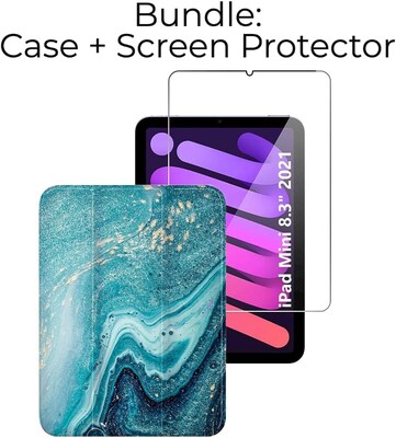 SaharaCase Apple iPad mini A17 Pro & 6th Generation 2021 Protection Bundle, Folio Case with Tempered Glass Screen, Green Marble