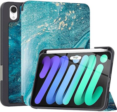 SaharaCase Apple iPad mini A17 Pro & 6th Generation 2021 Protection Bundle, Folio Case with Tempered Glass Screen, Green Marble