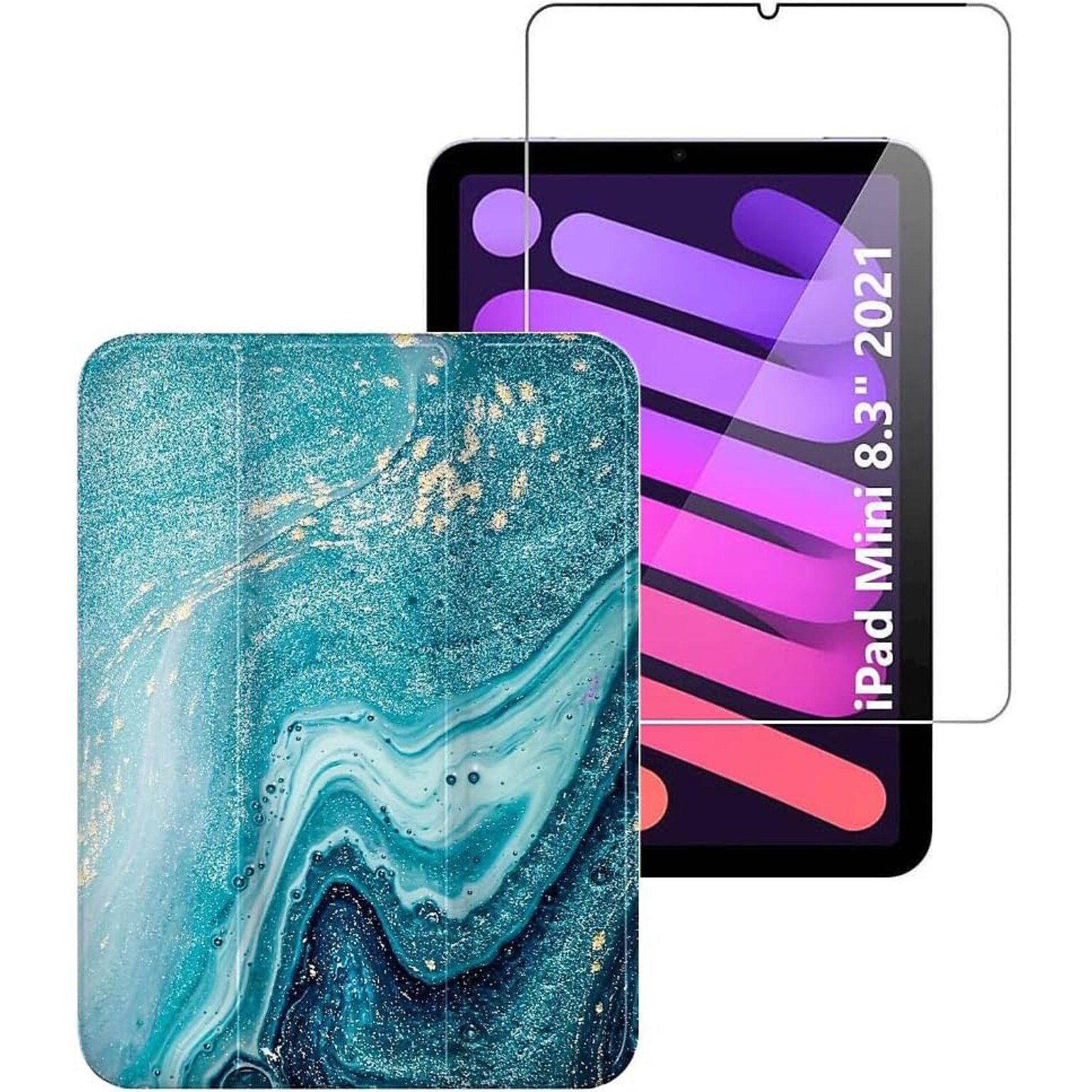 SaharaCase Apple iPad mini A17 Pro & 6th Generation 2021 Protection Bundle, Folio Case with Tempered Glass Screen, Green Marble