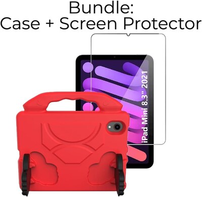 SaharaCase Apple iPad mini A17 Pro & 6th Generation 2021 Protection Bundle, KidProof Case with Tempered Glass Screen, Red