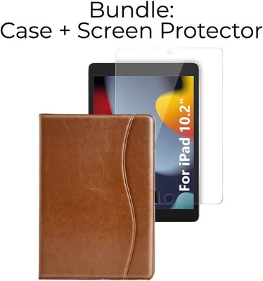 SaharaCase Apple iPad 10.2 (9th Generation 2021) Protection Bundle, Business Folio Case with Tempered Glass Screen, Brown