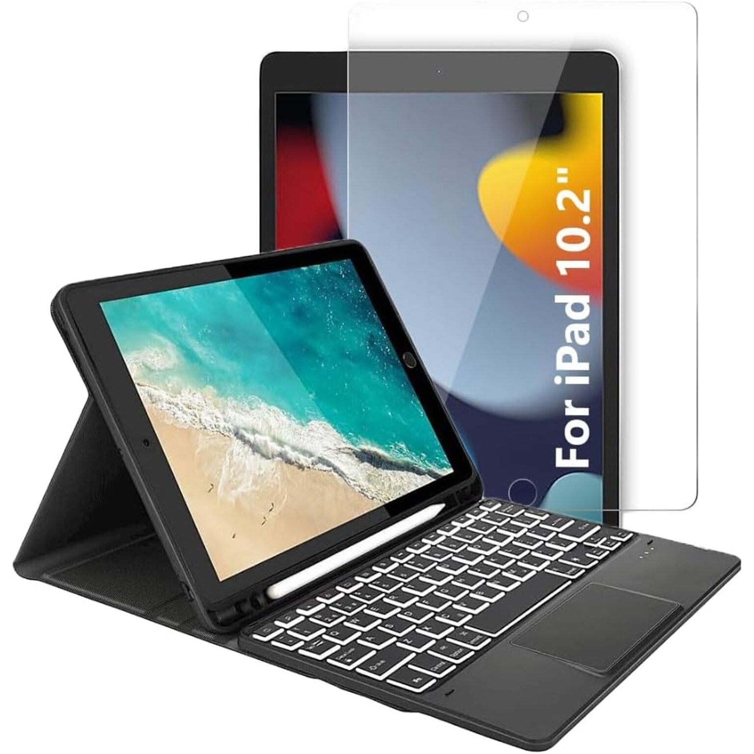 SaharaCase Apple iPad 10.2 (9th Gen 2021) Protection Bundle, Keyboard Case with Tempered Glass Screen, Black