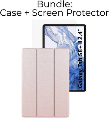 SaharaCase Samsung Galaxy Tab S8+ and Tab S7 FE Protection Bundle, Folio Case with Tempered Glass Screen, Clear/Pink