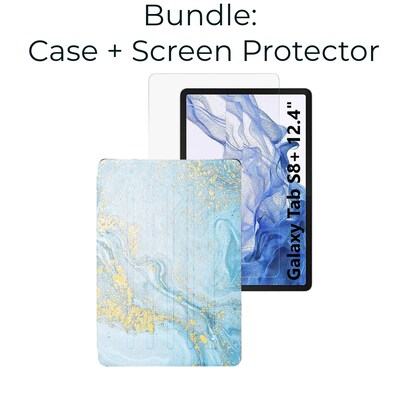 SaharaCase Samsung Galaxy Tab S8+ Protection Bundle, Multi-Angle Folio Case with Tempered Glass Screen, Blue Marble