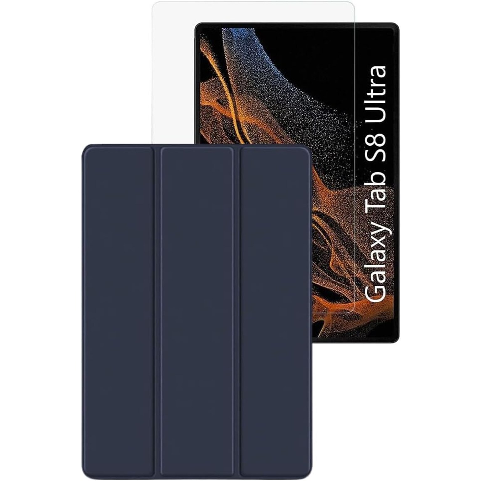 SaharaCase Samsung Galaxy Tab S8 Ultra Protection Bundle, Folio Case with Tempered Glass Screen, Clear/Navy Blue