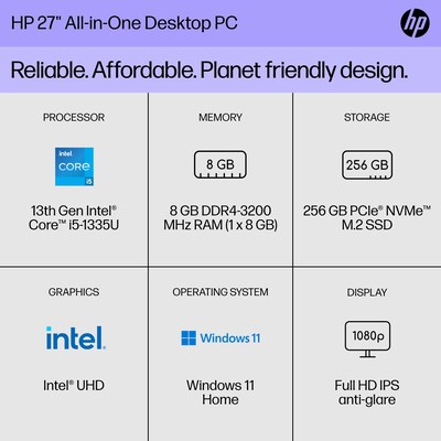 HP 27" All-in-One Desktop Computer, Intel Core i5-1335U, 8GB Memory, 265GB SSD (27-CR0006)