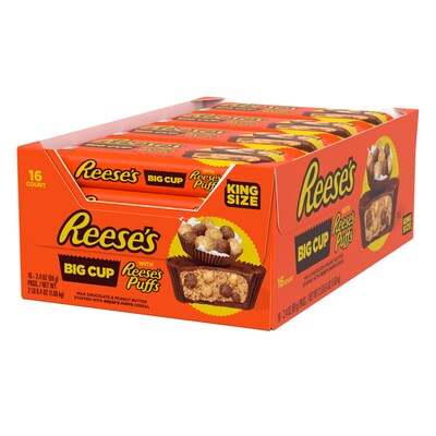 Reeses King Size Peanut Butter Chocolate Milk Chocolate with Reeses Puffs Candy Bar, 38.4 oz., 16/
