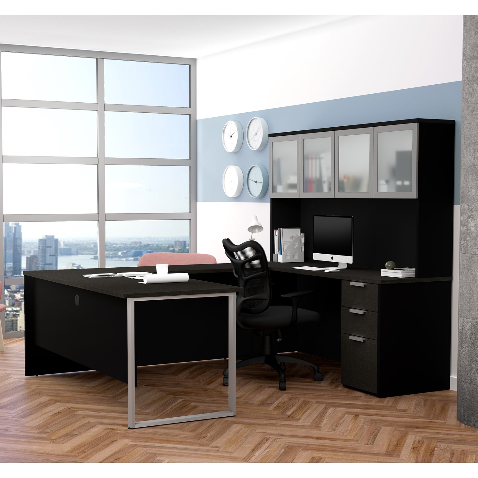 Bestar Pro-Concept Plus U-Desk with Frosted Glass Door Hutch (11089032)