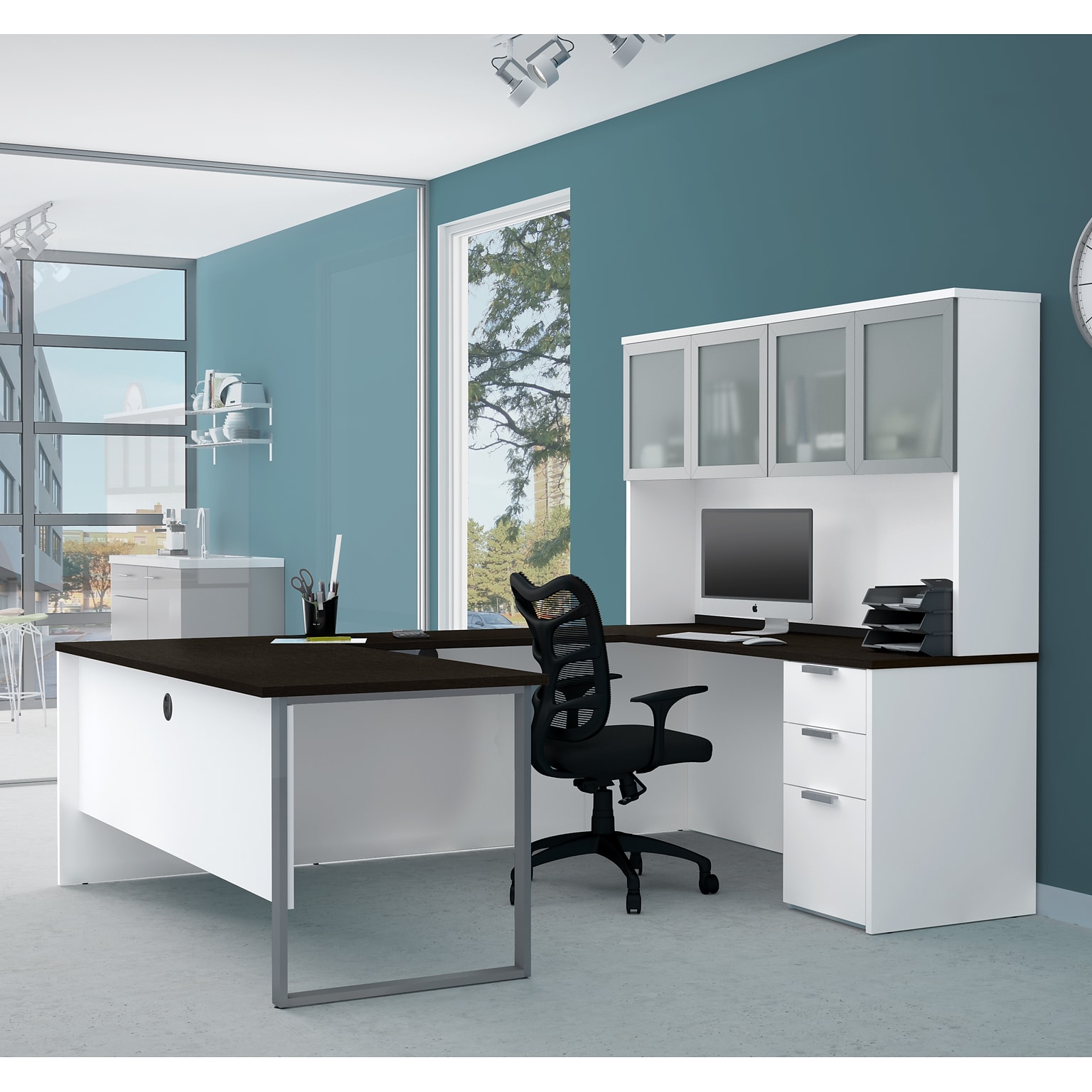 Bestar® Pro-Concept Plus U-Desk with Frosted Glass Door Hutch (11089017)