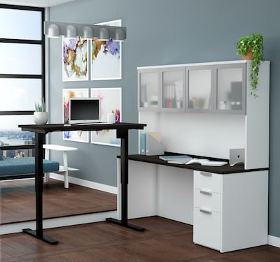 Bestar® Pro-Concept Plus Ht Adj. L-Desk with Frost Glass Dr Hutch (11089717)