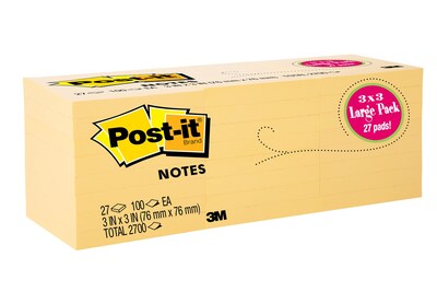 Post-it Notes, 3" x 3", Canary Collection, 100 Sheet/Pad (654-2700-YW)