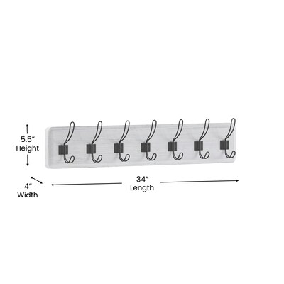 Flash Furniture Daly Wall Mounted Storage Rack with 7 Hooks, White Wash, Solid Pine Wood (HGWASCR7WHWSH)