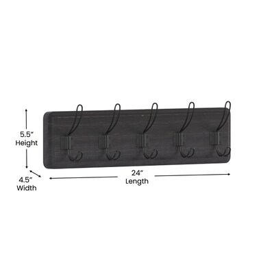 Flash Furniture Daly Wall Mounted Storage Rack with 5 Hooks, Black Wash, Solid Pine Wood (HGWASCR5BLKWSH)