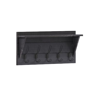 Flash Furniture Daly Wall Mounted Storage Rack with Upper Shelf and 5 Hooks, Black Wash, Solid Pine