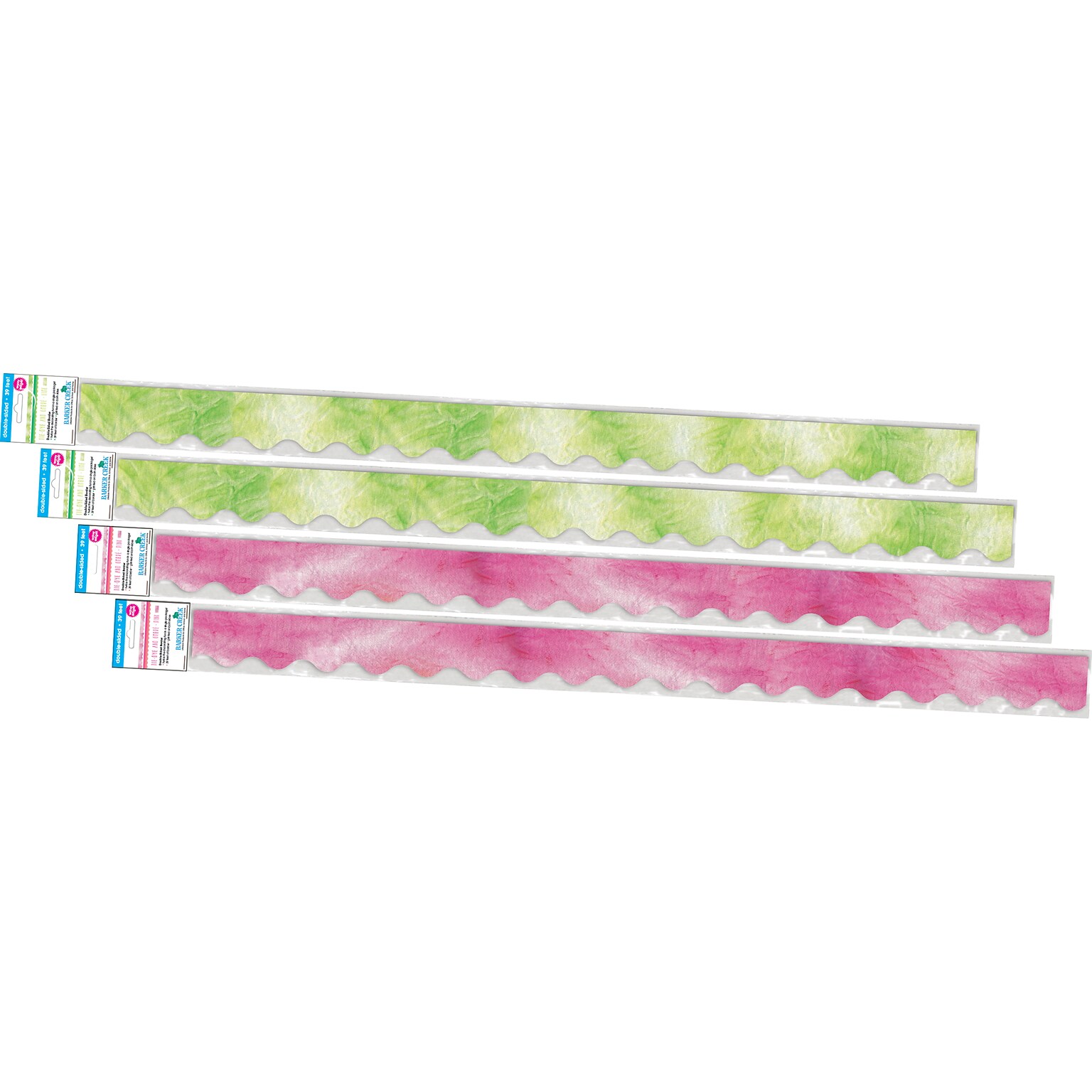 Barker Creek Double-Sided Scalloped Border Set, 36 x 2.25, Pink & Lime Tie-Dye and Ombré, 2 designs, 52/Set (4358)