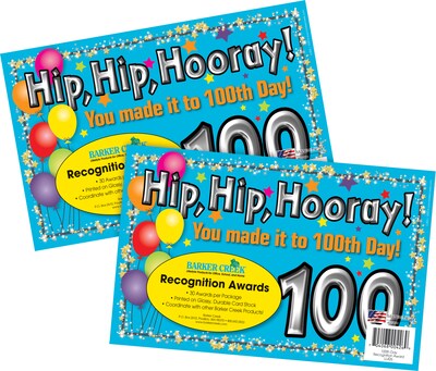 Barker Creek 100th Day Recognition Awards, 8.5" x 5.5”, Multicolored, 60/Set (4145)