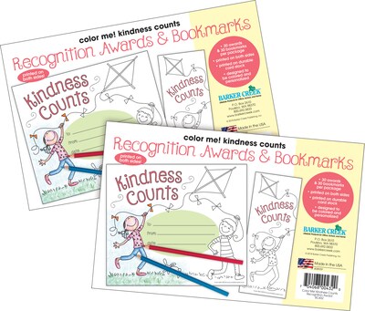 Barker Creek Color Me! Kindness Counts Awards & Bookmarks Set, 8.5" x 5.5”, Multicolored, 60/Set (4151)
