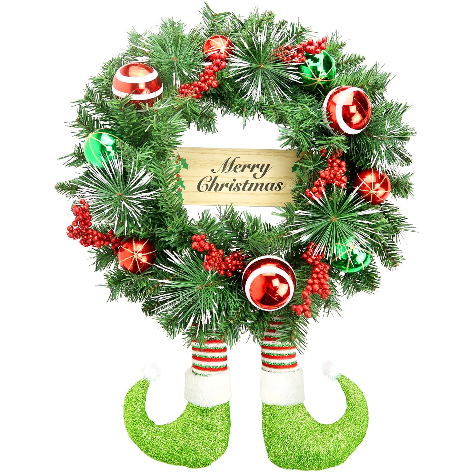 Fraser Hill Farm 24 Elf Boots Pine Wreath with Berries, Balls, and Merry Christmas Sign (FF024CHWR02-0GR)
