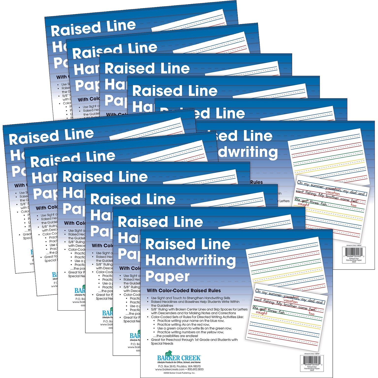 Barker Creek Raised Rule Handwriting Practice Paper, 8.5 x 11, 60 lbs., Multicolored, 600 Sheets/Pack (5503-12)
