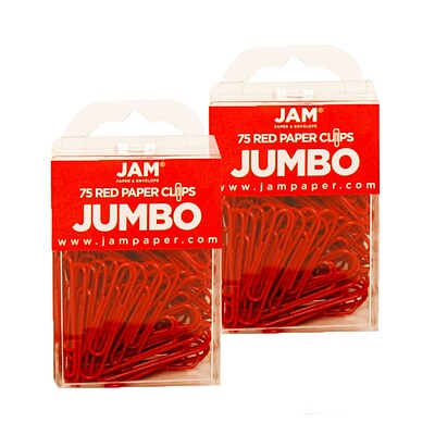 JAM Paper® Colored Jumbo Paper Clips, Large 2 Inch, Red Paperclips, 2 Packs of 75 (2183754a)