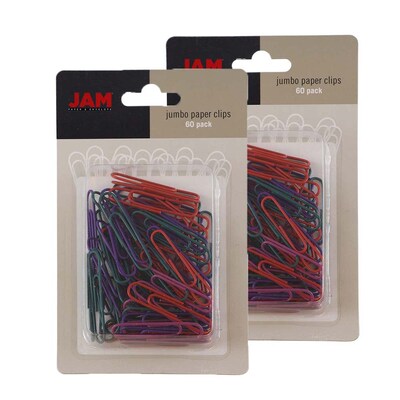 JAM Paper® Colored Jumbo Paper Clips, Large 2 Inch, Assorted Colors Paperclips, 2 Packs of 60 (352333544a)