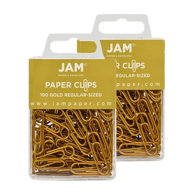 JAM Paper® Colored Standard Paper Clips, Small 1 Inch, Gold Paperclips, 2 Packs of 100 (21832058a)