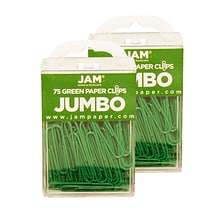 JAM Paper® Colored Jumbo Paper Clips, Large 2 Inch, Green Paperclips, 2 Packs of 75 (42186878a)