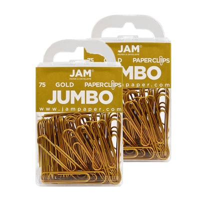 JAM Paper® Colored Jumbo Paper Clips, Large 2 Inch, Gold Paperclips, 2 Packs of 75 (21832060a)