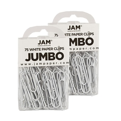 JAM Paper® Colored Jumbo Paper Clips, Large 2 Inch, White Paperclips, 2 Packs of 75 (2184934a)