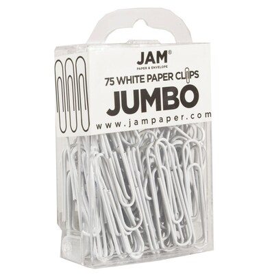 JAM Paper® Colored Jumbo Paper Clips, Large 2 Inch, White Paperclips, 2 Packs of 75 (2184934a)