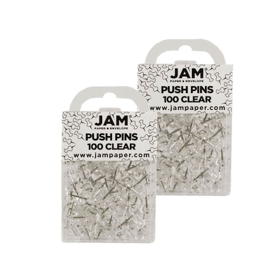 JAM Paper Push Pins, Clear, 2 Packs of 100 (222419050A)