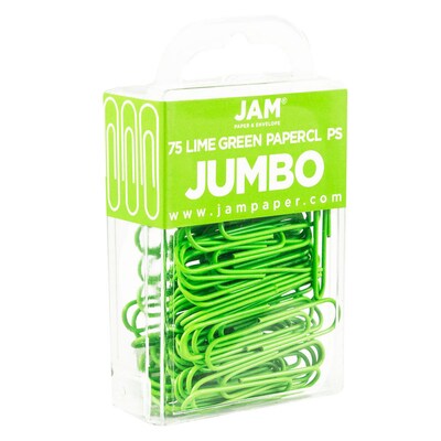 JAM Paper® Colored Jumbo Paper Clips, Large 2 Inch, Lime Green Paperclips, 2 Packs of 75 (21830627a)