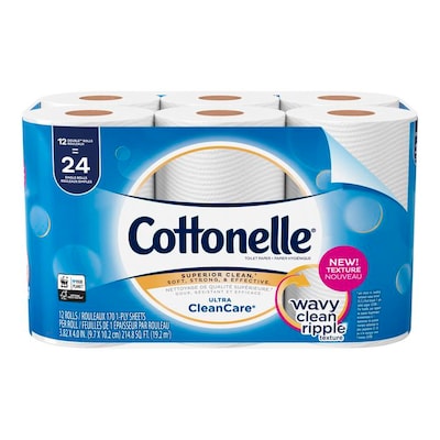 Cottonelle Ultra CleanCare Toilet Paper, 1-Ply, White, 12 Double Rolls (47622)