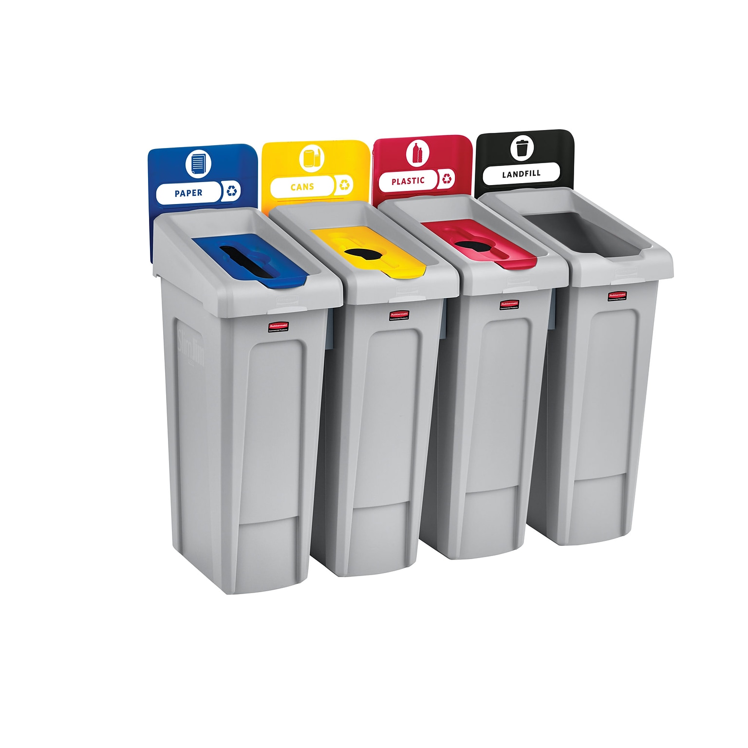 Rubbermaid Slim Jim Recycling Station Four Stream Landfill/Paper/Plastic/Cans, 23 Gal., Gray (2007919)