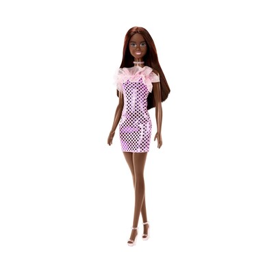 Barbie Doll? Dark Brown Hair in Pink Metallic Dress, 6/Pack (HJR94-BULK)