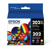 Epson T202XL/T202 Black High Yield and Cyan/Magenta/Yellow Standard Yield Ink Cartridge, 4/Pack (T20