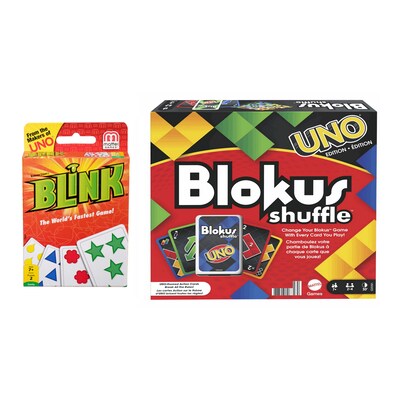 Mattel Game Set: Blink Card Game The Worlds Fastest Game! and Blokus Shuffle: UNO Edition