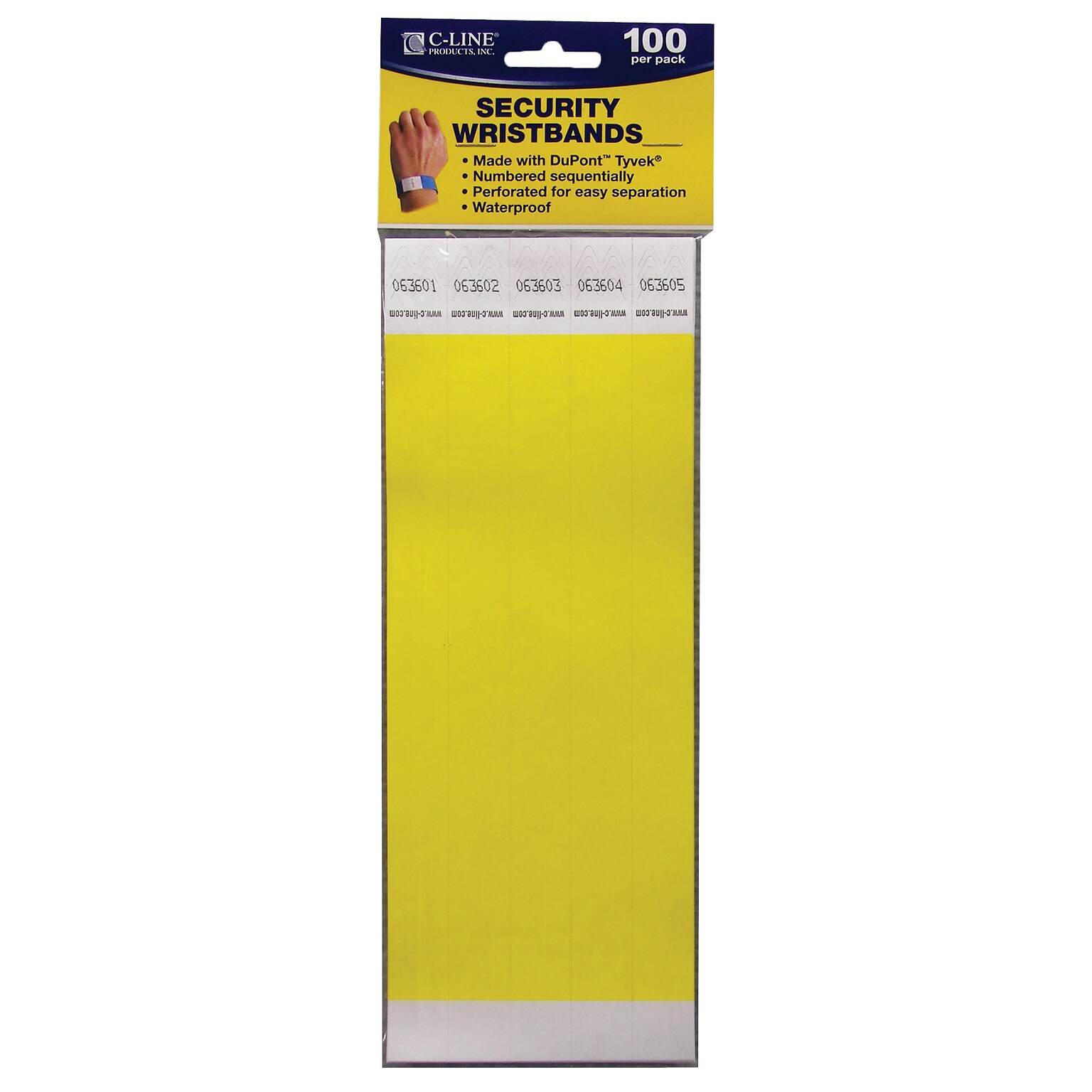 C-Line® CLI89106 Security Wristbands, Yellow, Pack of 100