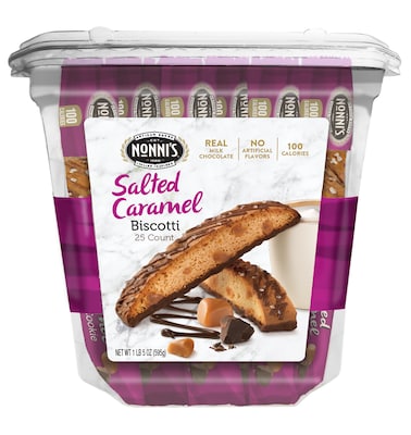 Nonnis individually wrapped Salted Caramel Italian Cookies, .86oz value pack of 25 in a 21.5oz tub