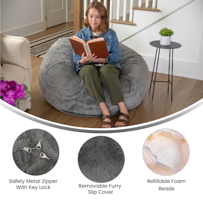 Flash Furniture Duncan Furry Oversized Refillable Bean Bag Chair, Gray (DGBEANLGFURGY)