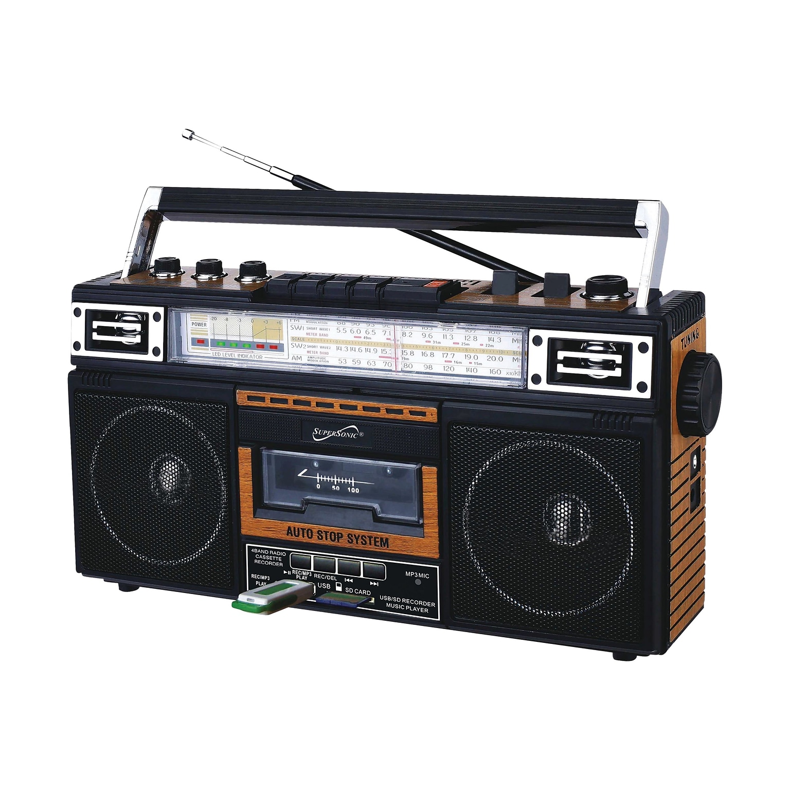 Supersonic Wireless Bluetooth 4-Band Radio & Cassette Player and Cassette to MP3 Converter, Black/Brown (SC-3201BTWOOD)