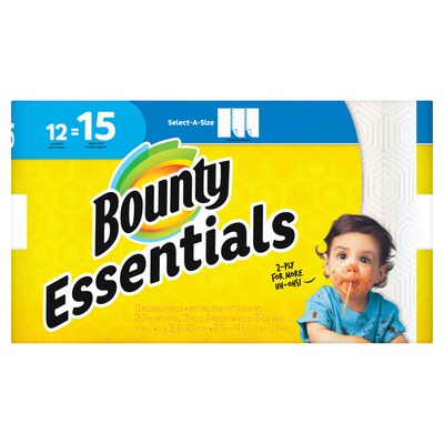 Bounty Essentials Select-A-Size Paper Towel, 2-Ply, White, 78 Sheets/Roll, 12 Large Rolls/Pack (75720)